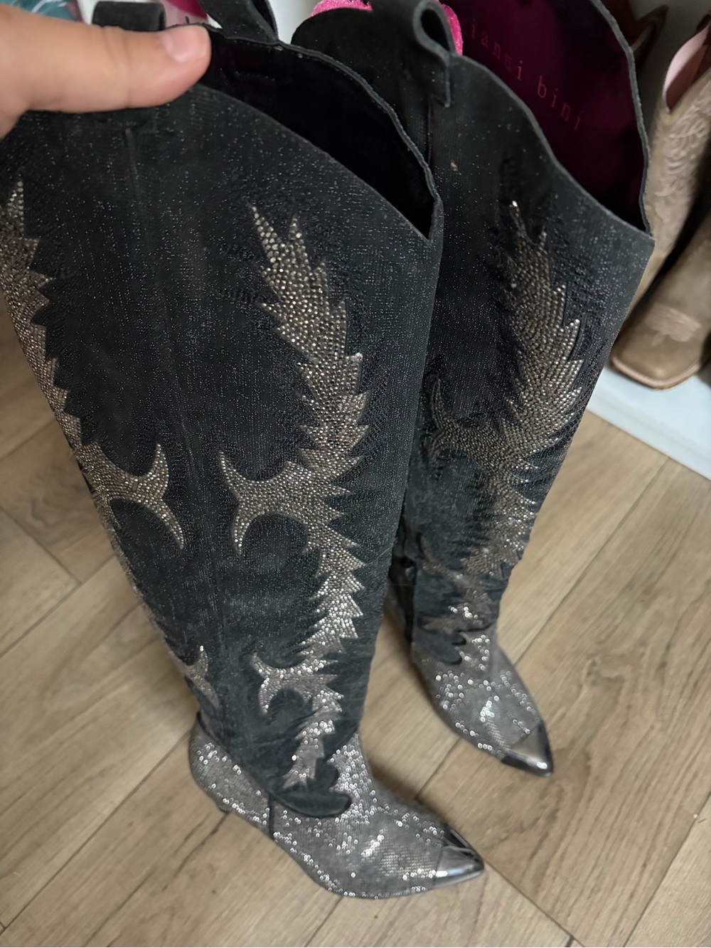 Gianni Bini Black Glitter Over-the-Knee Western Boots